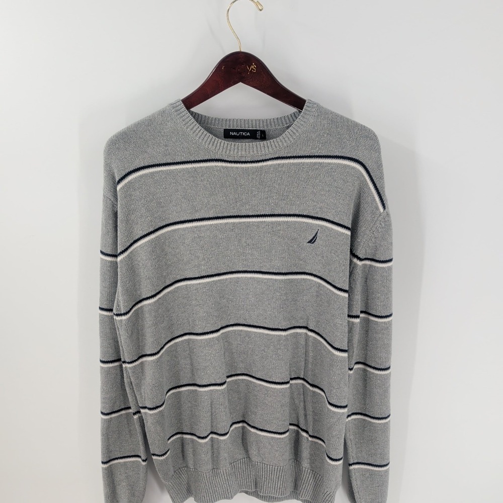 Nautica Striped Crew Neck Modern Stylish Pullover Sweater Heather Gray Size L